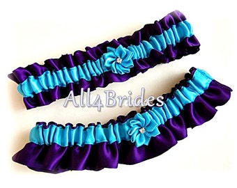 Deep Purple and Turquoise wedding leg garter set, Bridal garters something blue