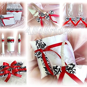 Red and damask print wedding bridal leg garter set bridal accessories wedding leg garter belt set. image 2