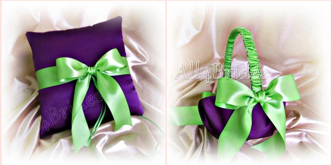 Wedding Ring Pillow and Flower Girl Basket Purple and Green Wedding