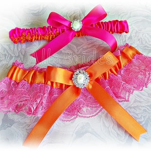 Hot pink and orange wedding garter set, lace and satin bridal garters.