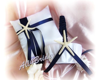 Navy Blue Starfish  Beach Wedding Ring Bearer Pillow and Flower Girl Basket - Weddings Ceremony Decor