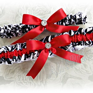 Red and damask print wedding bridal leg garter set bridal accessories wedding leg garter belt set. image 1