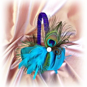 Regency Purple and Turquoise Peacock Wedding Ring Pillow, peacock feathers. image 2