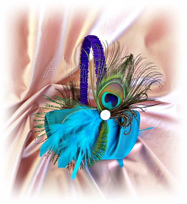 Regency Purple and Turquoise Peacock Wedding Ring Pillow, peacock feathers. image 2
