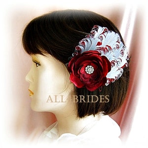 Grey and burgundy rose and feathers fascinator, bridal hair accessories image 2