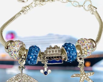 Cruise Ship Charm Bracelet: Ship, Mermaid Tail, Starfish, Blue