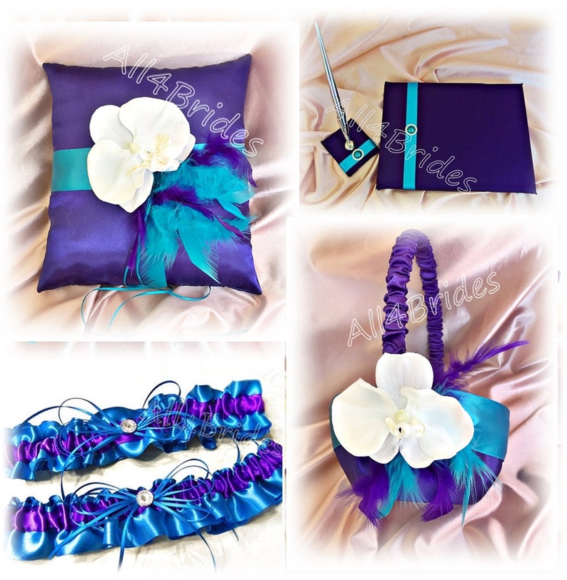Purple and turquoise wedding set, ring pillow, flower girl basket, guest book pen, bridal leg garter belt set image 1