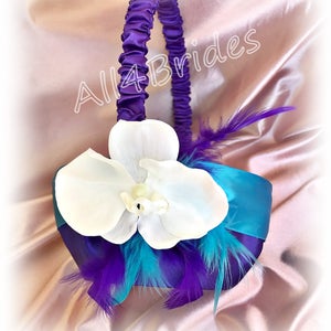 Purple and turquoise wedding set, ring pillow, flower girl basket, guest book pen, bridal leg garter belt set image 2