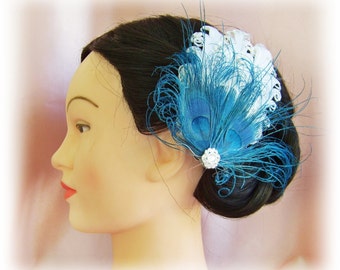 Peacock Feather Bridal Fascinator, White and blue red pink green peacock feather hair clip