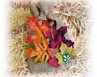 Fall leaves wedding ring bag, burlap ring pouch.