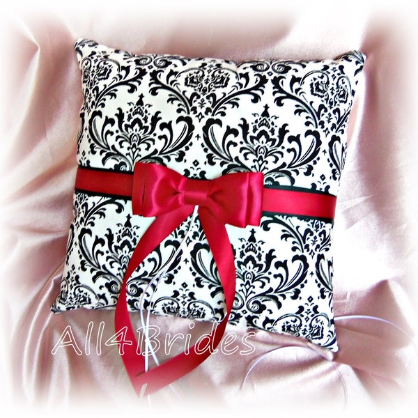 Madison print damask and red wedding ring bearer pillow, damask ring cushion