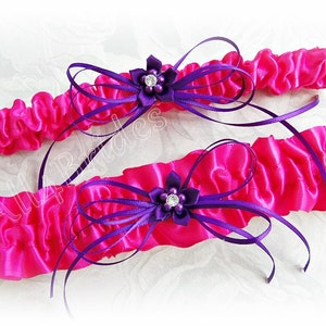 Wedding bridal garter set, fuchsia pink and purple keepsake and toss leg garters.