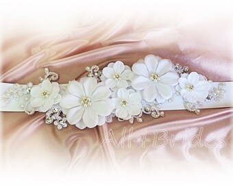 Wedding bridal gown belt sash, crystals and flowers white bridal sash.