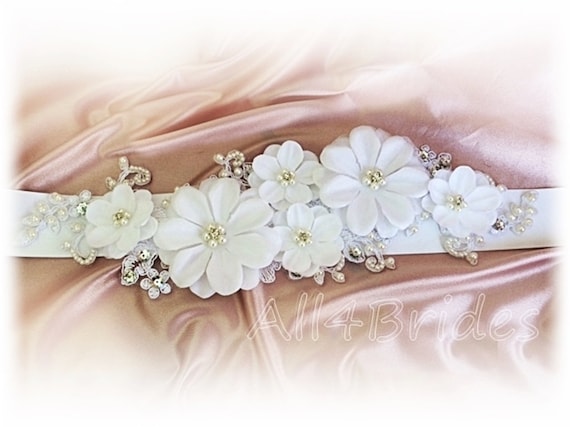 Wedding Bridal Gown Belt Sash, Crystals and Flowers White Bridal