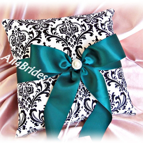 Wedding ring pillow, teal and madison damask ring bearer pillow.  Damask wedding ceremony accessories