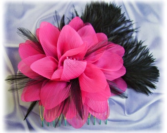 Fuchsia Pink and Black Flower Fascinator - Bridal Bridesmaid Hair Accessory - Pink and Black Ostrich Feather Fascinator -