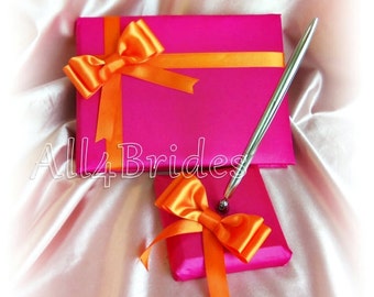 Wedding Guest Book Hot Pink and Orange with Pen Set,  Hot Pink wedding accessories