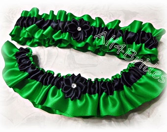 Emerald green and black wedding bridal leg garters, keepsake and toss garter set.  Bridal accessories.