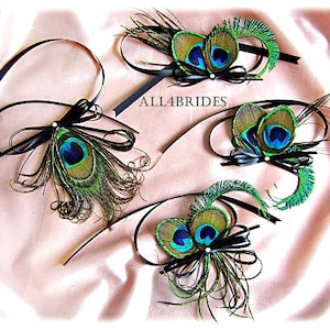 Peacock Wedding Decorations, four peacock feather embellishments for your your wedding cake set and champagne toasting flutes