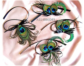 Peacock Wedding Decorations, four peacock feather embellishments for your your wedding cake set and champagne toasting flutes