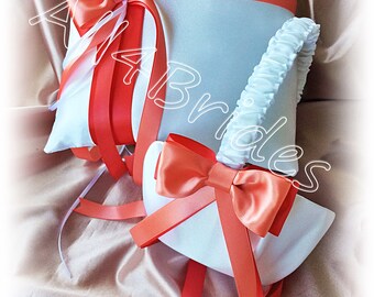 Weddings Coral Reef and Guava Flower Girl Basket and Ring Bearer Pillow, ring cushion and basket set.