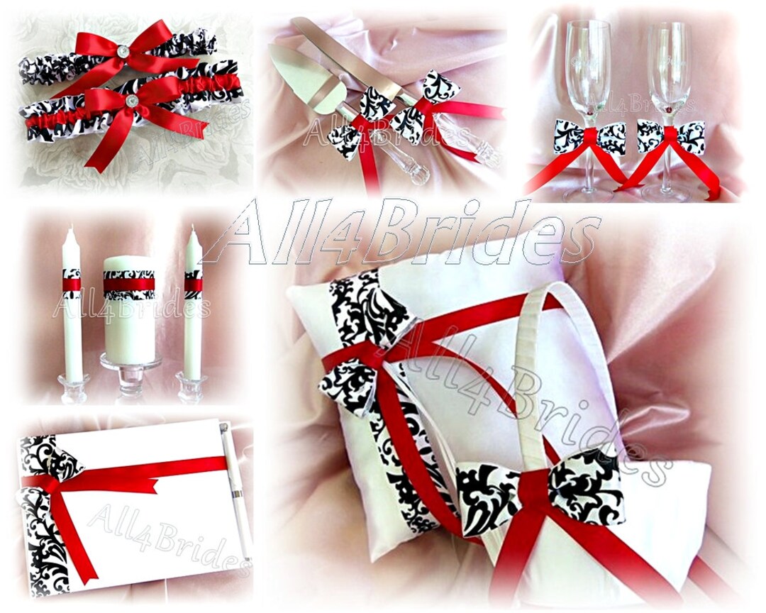 Wedding Accessories Set Damask and Red Ring Pillow, Basket, Guest Book