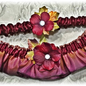 Burnt orange and burgundy wedding leg garter set, Fall leaves bridal garter set.