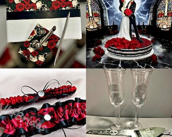 Gothic wedding decor Skulls and Roses accessories set, skeleton cake topper, guest book, cake knife set and bridal garters. Ready To Ship
