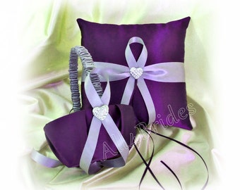 Purple and Lavender wedding ring pillow and basket, ring bearer pillow and flower girl basket wedding accessories