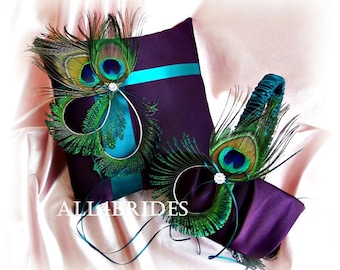 Peacock wedding purple and teal ring pillow and flower girl basket, wedding basket and pillow set