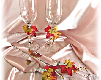 Fall leaves wedding champagne glasses and cake knife set, Fall Wedding Set