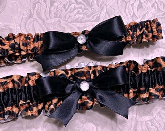 Leopard print and black bridal garter set, cheetah wedding bridal accessories