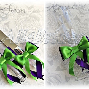 Purple and Green Wedding Cake Knife Cutting Set and Champagne Toasting Glasses image 1