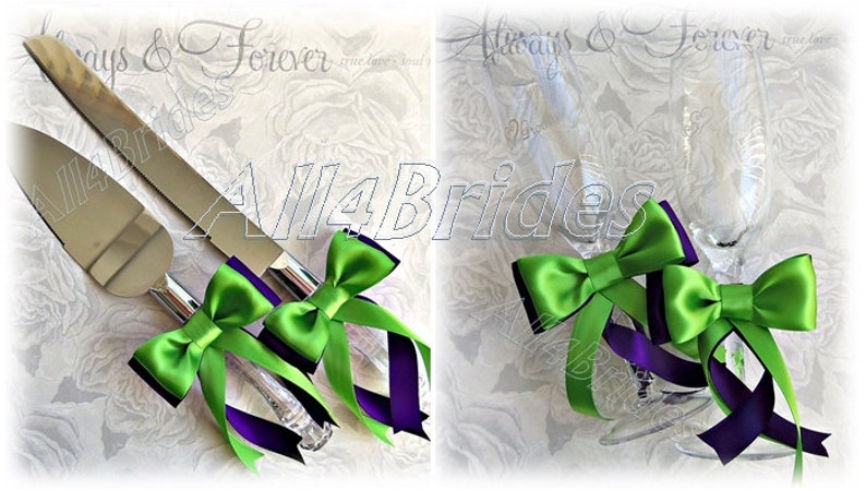 Purple and Green Wedding Cake Knife Cutting Set and Champagne Toasting Glasses image 1