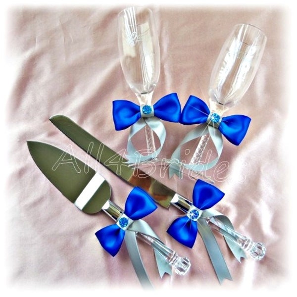 Wedding cake knife cutting set and champagne toasting glasses in Royal Blue and Grey.