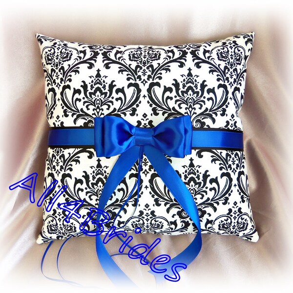 Madison damask print and royal blue wedding ring bearer pillow, damask ring cushion