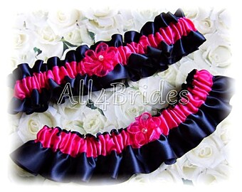 Wedding Leg Garters Navy Blue and Fuchsia Bridal Accessories Something Blue Prom Garter