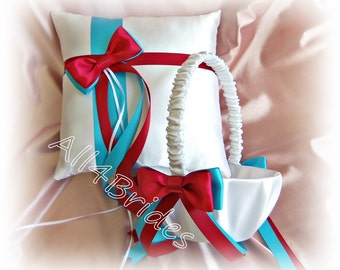 Listing Aqua Blue and Red Wedding Flower Girl Basket and Ring Bearer Pillow Set, Weddings Ceremony Decor