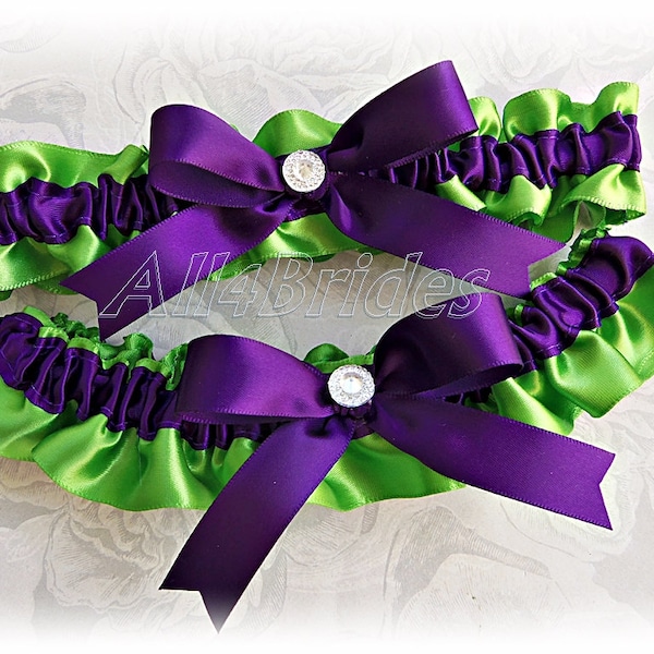 Lime green and deep purple bridal leg garter set, purple and green wedding or prom garters