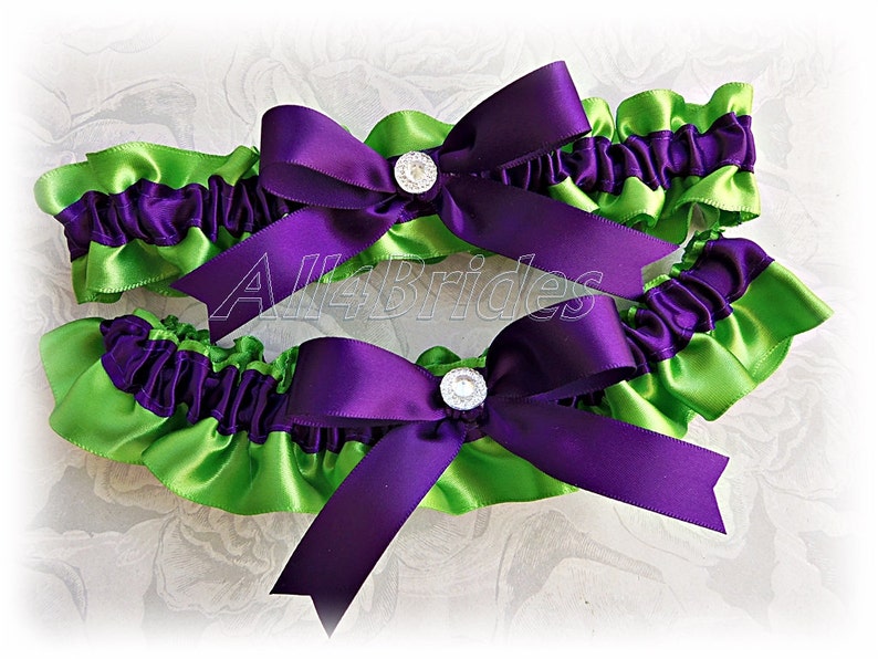 Lime green and deep purple bridal leg garter set, purple and green wedding or prom garters image 1