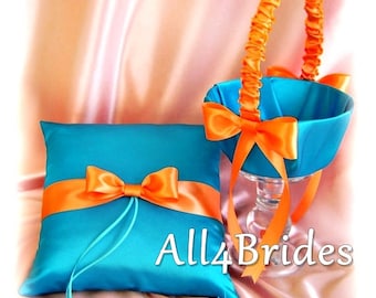 Turquoise and orange wedding ring bearer pillow and flower girl basket, wedding ring cushion and basket set.