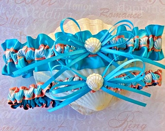 Beach wedding bridal leg garter set, turquoise and coral garters, seashell bridal garters