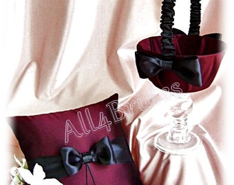 Burgundy and Black Wedding Basket and Ring Pillow - Flower Girl Basket - Ring Bearer Pillow - Wedding Accessories Ceremony Decor