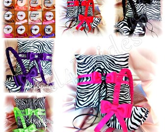 Zebra Wedding Ring Bearer Pillow and Flower Girl Basket, Satin Ribbon Custom Colors, Lapis, Coral Reef, Malibu and more