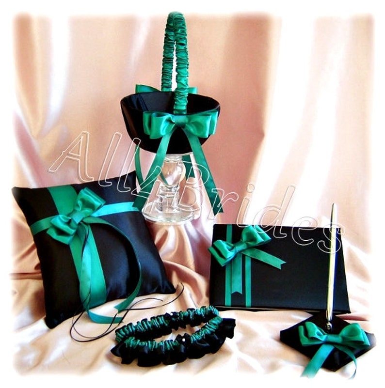 Flower Girl Basket Jade and Black Wedding Accessories Jade and black Wedding Ring Pillow Wedding Guest book Bridal Garters 7pcs