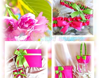 Hot pink and green ring bearer pillow, flower girl basket, bridal garters wedding guest book and pen set.