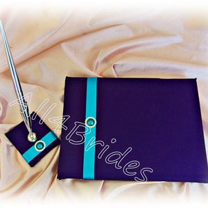 Purple and turquoise wedding set, ring pillow, flower girl basket, guest book pen, bridal leg garter belt set image 5