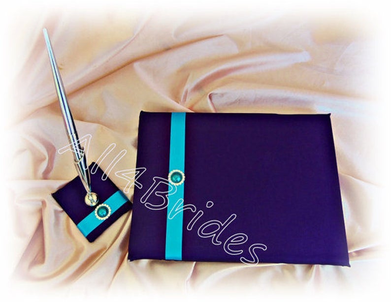 Purple and turquoise wedding set, ring pillow, flower girl basket, guest book pen, bridal leg garter belt set image 5