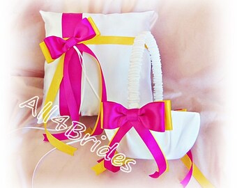 Wedding Pillow Basket - Yellow and Azalea - Flower Girl Basket - Ring Bearer Pillow - Wedding Ceremony Decor