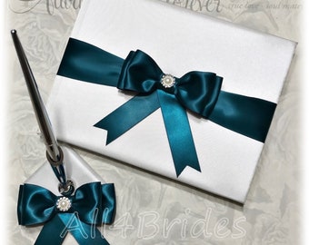 Teal wedding guest book and pen set.